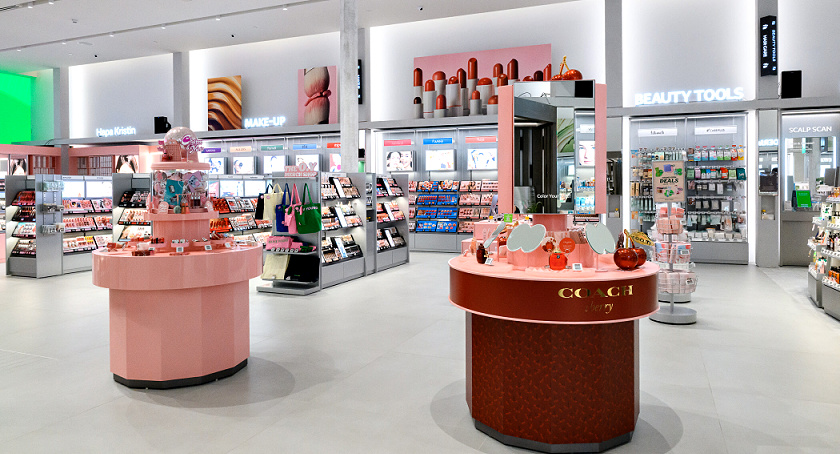 Side view of the Make-Up and Beauty Tools section at Olive Young's K-beauty store in Pasadena, CA.